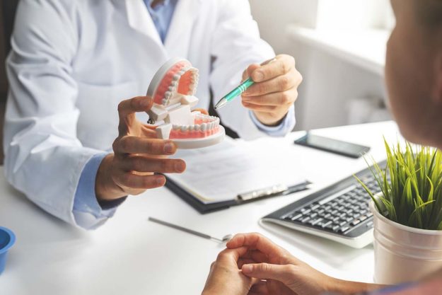 Causes of Receding Gums a dentist shows a model of receding gums
